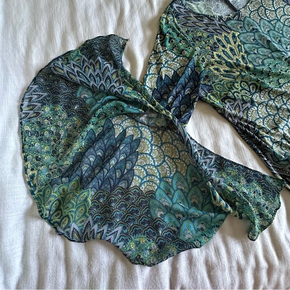 MSK Dress Womens L/XL Boho Tunic 70s Inspired Flowy Retro Bell Sleeve Stretch - Picture 8 of 11